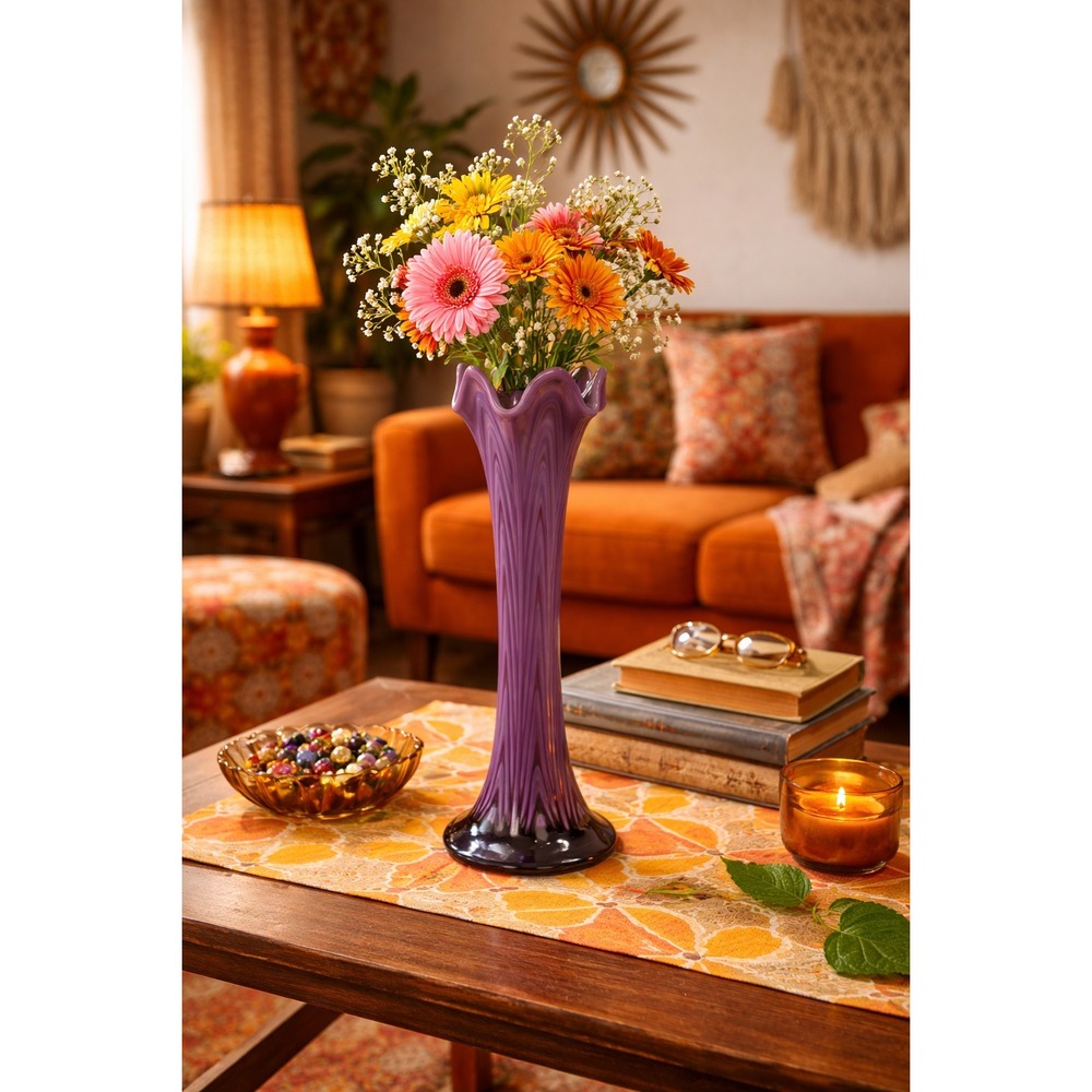 Fenton Vintage Amethyst Swirl Glass Bud Vase Fluted Top Mid Century Modern‎